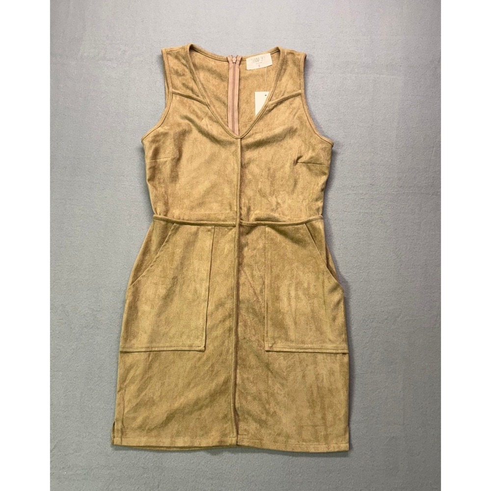 NWT Tan‎ Y2K Faux Suede A Line Mini Dress Sleeveless Zip Pockets western, rustic